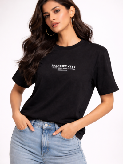 Rainbow City Printed T-Shirt – Loose Fit Down Shoulder