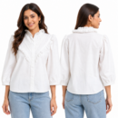 Women’s White Ruffle Collar Embroidered V-Panel Puff Sleeve Shirt
