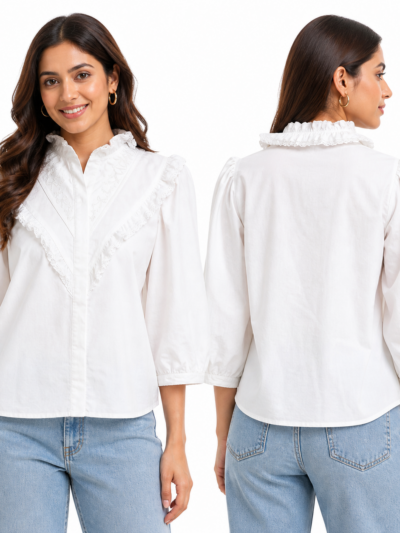 Women’s White Ruffle Collar Embroidered V-Panel Puff Sleeve Shirt