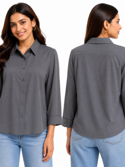 Women’s Charcoal Grey Solid Collared Button-Down Shirt with 3/4 Sleeves