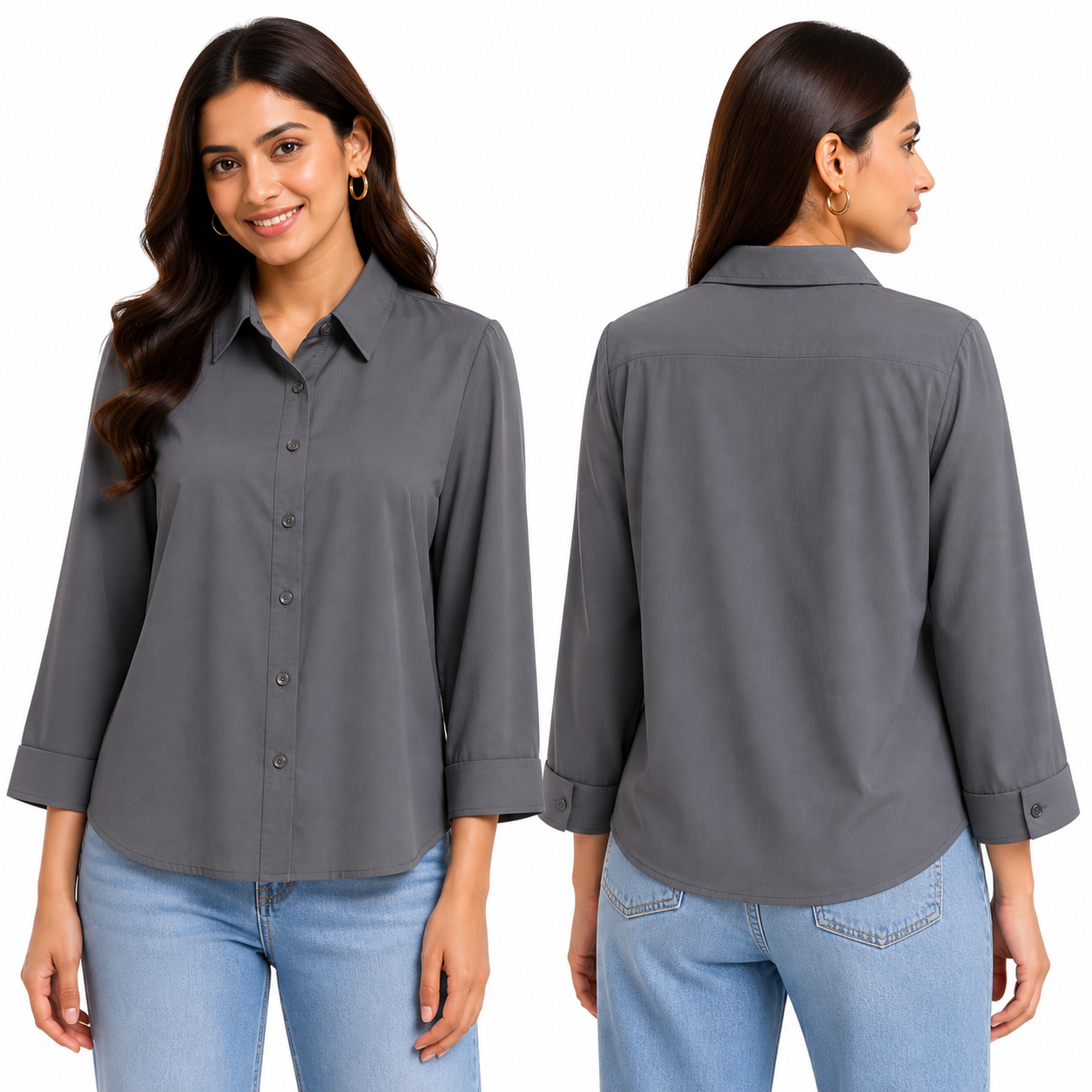 Women’s Charcoal Grey Solid Collared Button-Down Shirt with 3/4 Sleeves