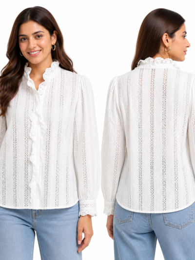 Women’s White Lace Stripe Ruffle Collar Full Sleeve Shirt
