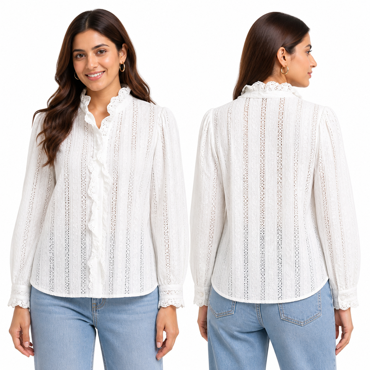 Women’s White Lace Stripe Ruffle Collar Full Sleeve Shirt