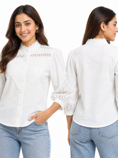 Women’s White Lace Yoke High Neck Puff Sleeve Shirt