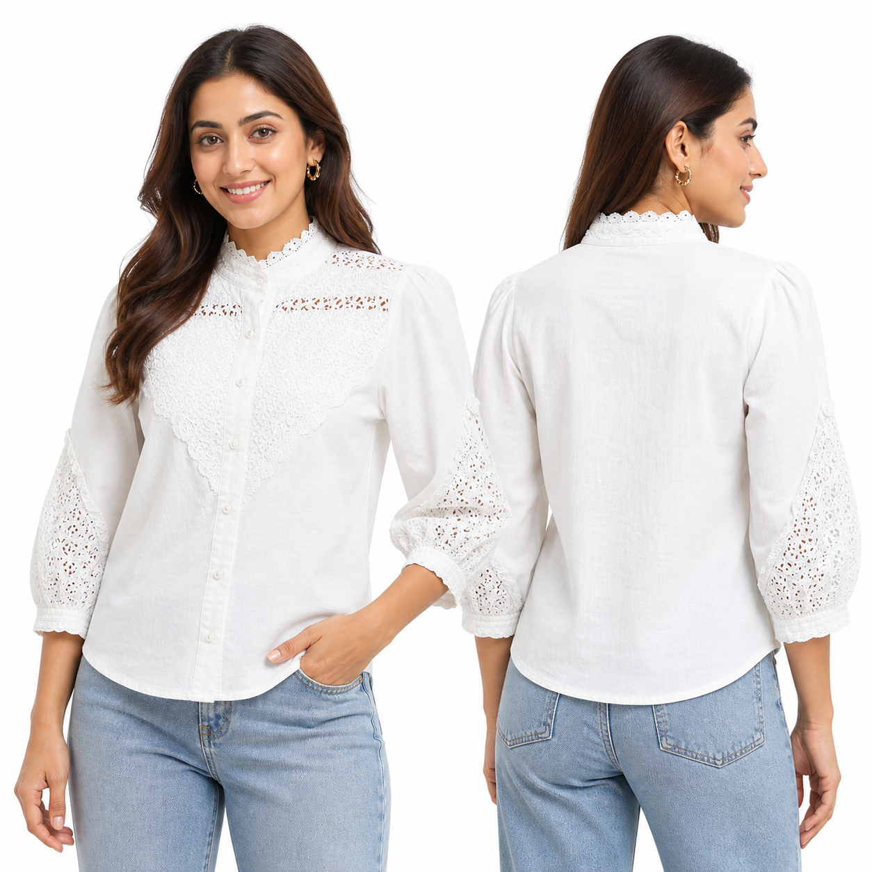 Women’s White Lace Yoke High Neck Puff Sleeve Shirt