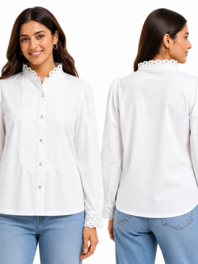 Women’s White Lace Panel High Neck Full Sleeve Shirt