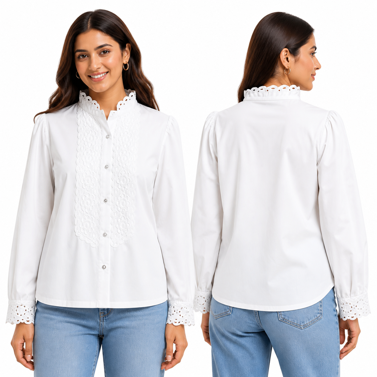 Women’s White Lace Panel High Neck Full Sleeve Shirt